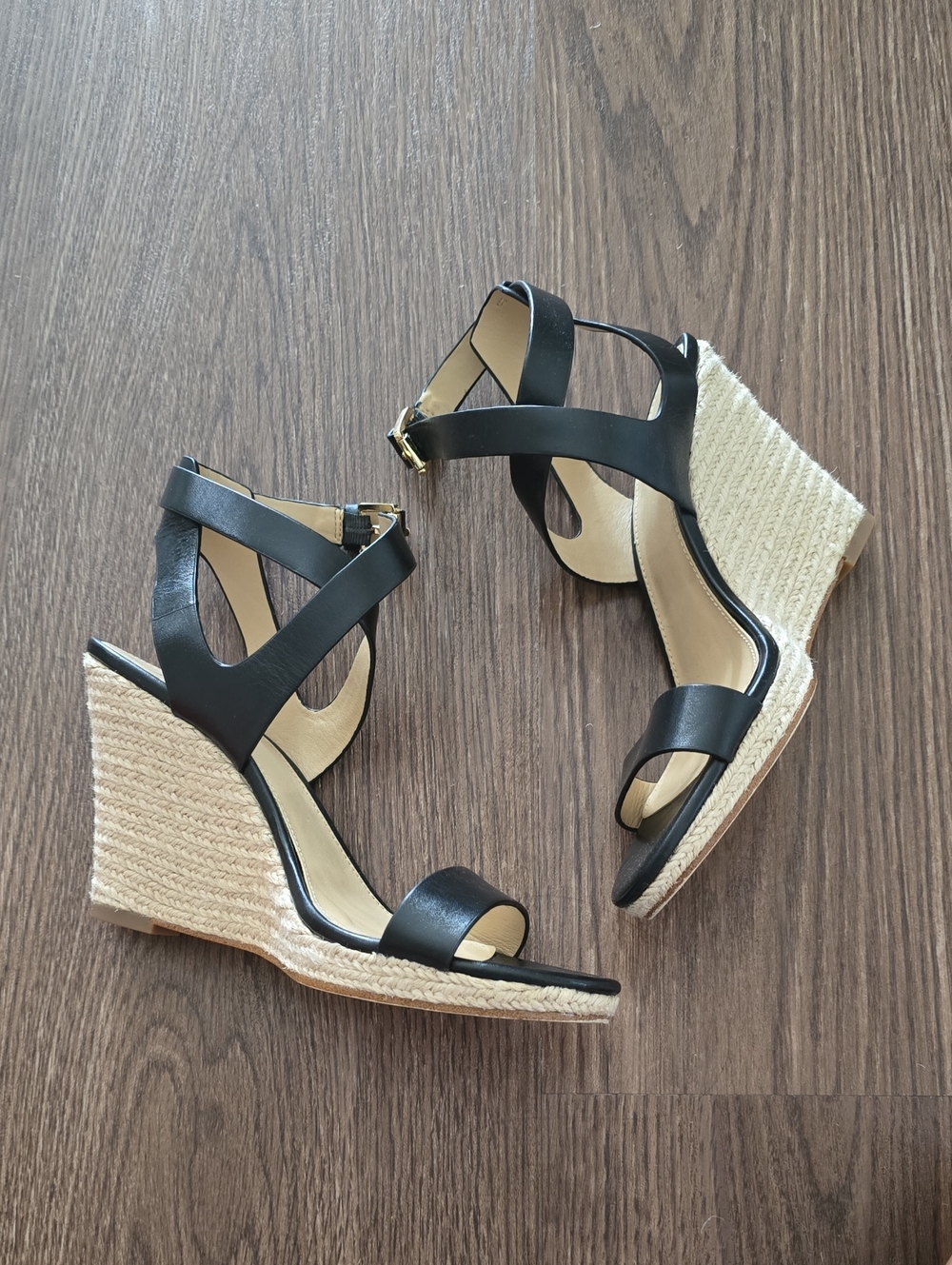 Michael Kors Black Leather Espadrille Wedge Sandals